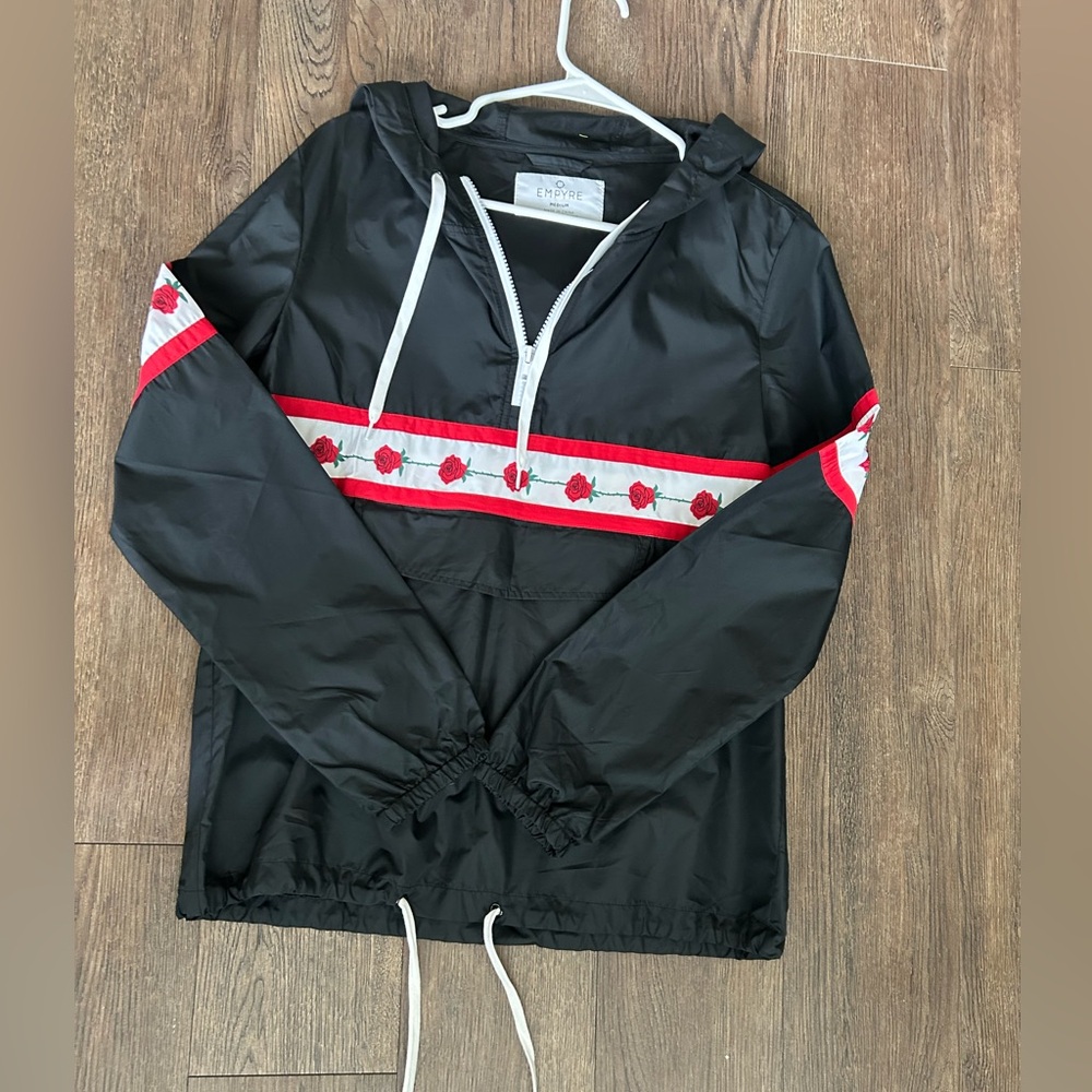 Black Windbreaker Jacket with red roses